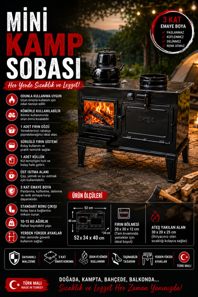 MGOKTURKGROUP MG Mini Kamp Sobası / Fırınlı Soba / Siyah Fırınlı Soba / Kamp ...