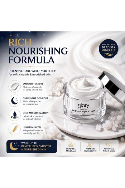Glory Dead Sea Nutrient Night Cream 50ml, Hydrating Face Moisturizer with Dead Sea Minerals, Olive Oil & Cocoa Butter, Overnight Nourishing Facial Cream for Dry, Normal & Combination Skin
