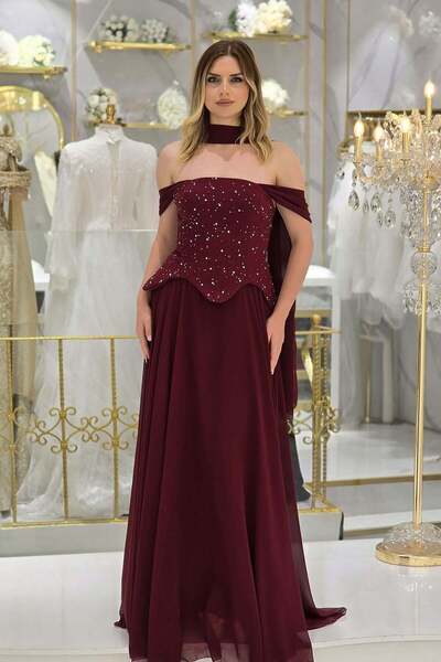 Yonca Moda Evi Bordo Şifon Askılı Abiye 4077