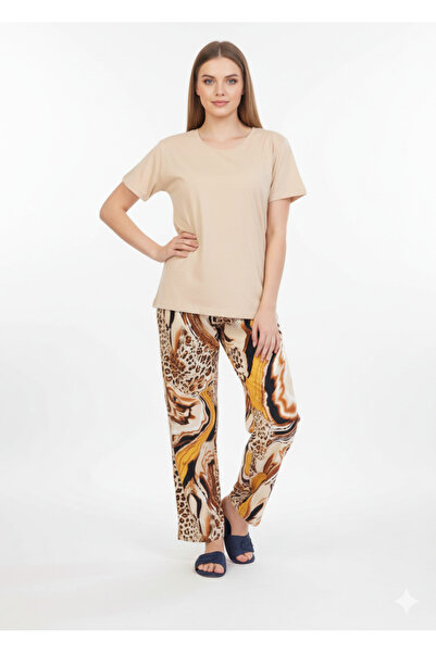 RIZQE Beige T-Shirt Pajamas Set | Animal Print Loungewear | Rayon Comfort Nig...