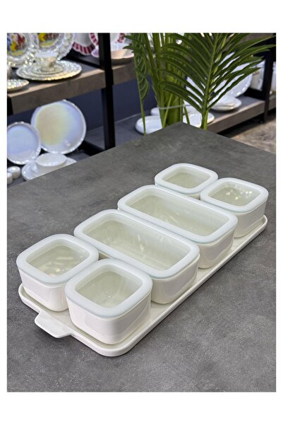 Doğudeko Jovi 7 Piece Porcelain Breakfast Set with Glass Lid and Tray