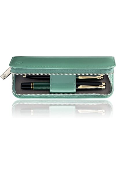 Pelikan Glossy Leather Pen Case for Two Pens, Model (973305), Green, 1 Piece