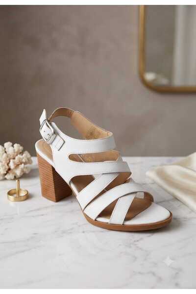 NİSH EXCLUSİVE 305 Women's Genuine Leather Thick Heeled Sandals