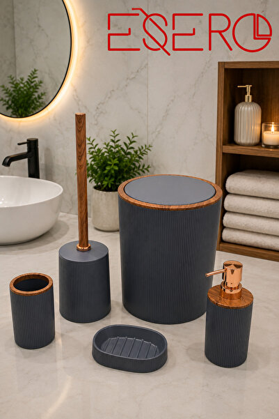 ESERO 351 GRİ 5 Parça Banyo Aksesuar Seti Çöp Kovası Sıvı Sabunluk Diş Fırçal...