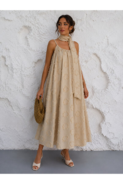 YAREN CO. Women's Linen Flower Pattern Effective Adjustable Strap Scarf Dress