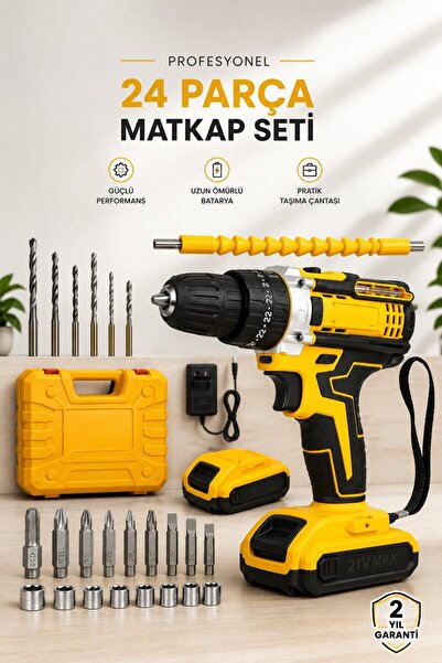 Genel Markalar 24 Parça Çift Bataryalı Şarjlı Matkap Seti 24W Motor ve Otomat...