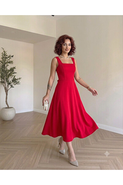 Moda Palmiss Rochie midi fără mâneci, cu decolteu pătrat și detaliu fundă la ...