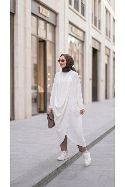 Mürdüm butik Asimetrik Tasarım Çapraz Tunik Keten Aerobin Kumaş-Beyaz