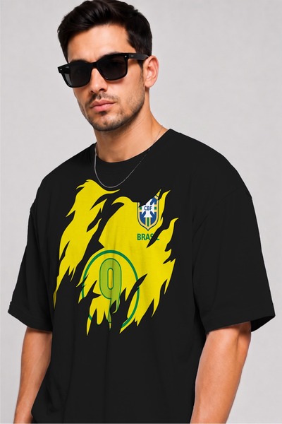 Moda Minimo Unisex Oversize T-Shirt Brazil Printed Black T-Shirt World Cup Fo...
