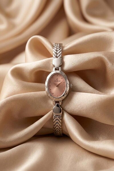 GANYMET Cellis Women's Silver Oval Steel Watch Pink Sunburst Dial Minimal Lux...