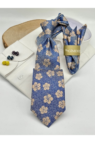 Gutiero Classic Tie with Blue Floral Pattern and Handkerchief