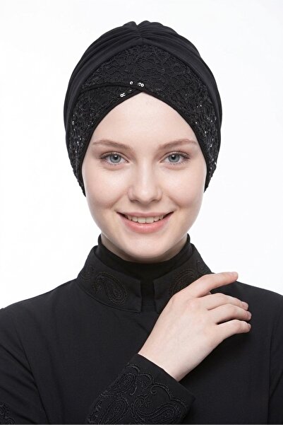 İSTDONATELLA Women's Black Turban with Lace, Single Cross, Practical Evening ...