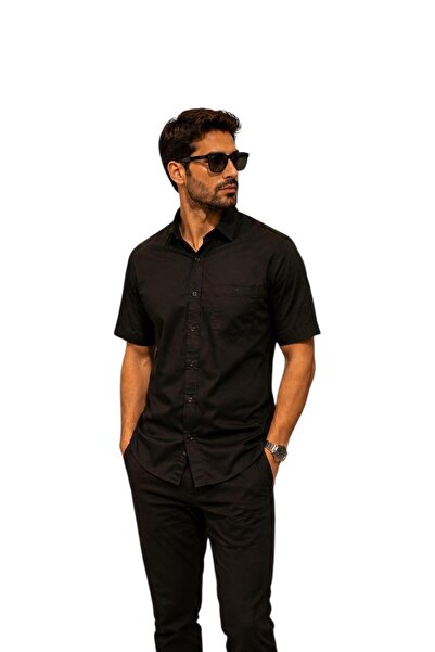 GÖMLEK GALERİSİ Men's Classic Wide Cut Plain Dacron Short Sleeve Shirt