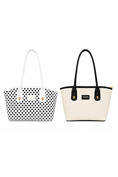 torime Women's Canvas Shoulder Bag Set of 2 – Cream Black & Black Polka Dot Z...