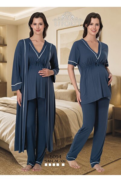 EM&FA TEKSTİL Maternity Pajama Set with Nursing Features and Robe