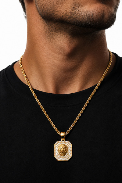 laria jewelry Lion Figured Multi-Stone Quadrilateral Medallion Necklace