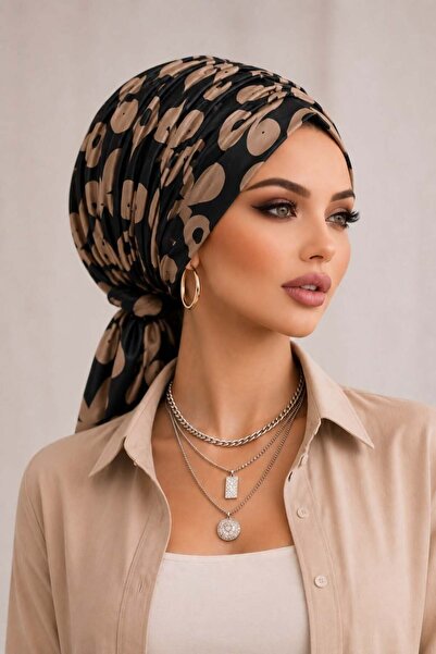 Aişe tesettür Black Beige Patterned Buckle Bonnet