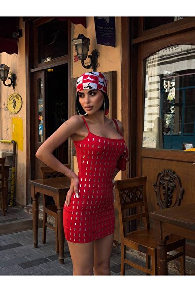 NİCE STYLE Women's Full Baguette Stone Detail Thin Strap Lycra Mini Dress