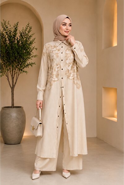 Store GAMZE YILMAZ COLLECTION Organik Pamuk & Keten Karışımlı Nakış Detaylı T...