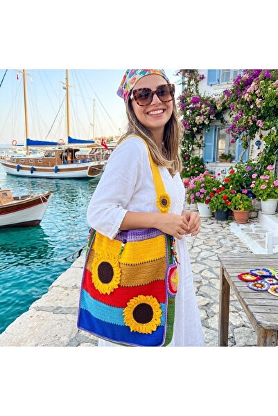 B BUL AKSESUAR El Yapımı Ayçiçeği Motifli Örgü Omuz Çantası Astarlı Renkli Bo...