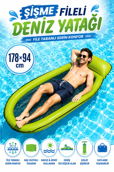 YILDIRIM OYUNCAK Şişme Fileli Taban Deniz Yatağı 178×94 cm – Baş Yastıklı Mes...