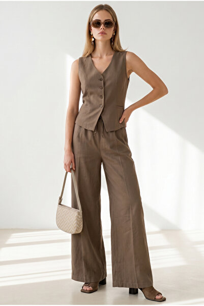 Olalook Women's Dark Khaki Lined Vest and Linen Trousers Set Tkm-19000512