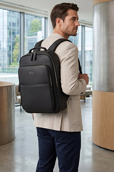 FOCUX -08 Unisex Leather Backpack with Laptop Compartment Laptop Backpack Black