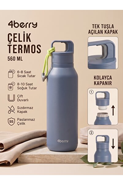 4 Berry Çelik Termos 560 ml Paslanmaz Çelik Çift Duvarlı Sızdırmaz Kapaklı As...
