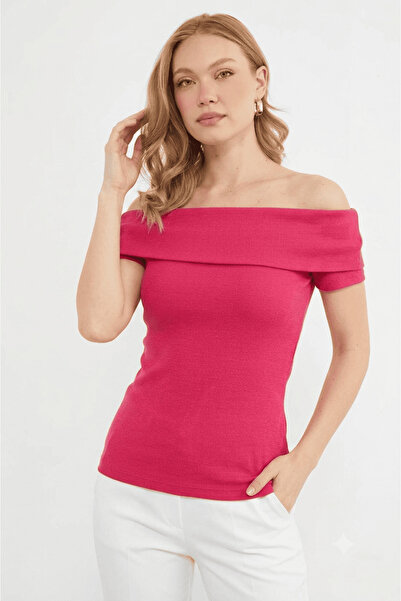 Fulla Moda Ribbed Madonna Collar Slim Fit Blouse