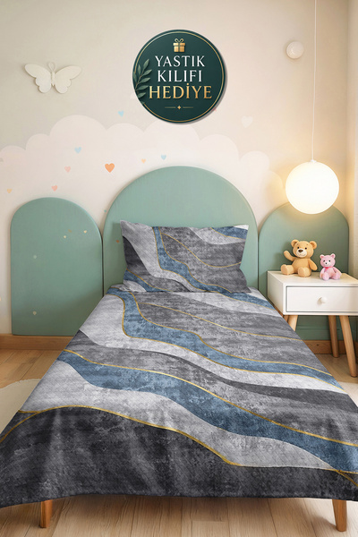 Evimde Bambaşka Geometric Blue Gray Young Room Single Pique Set - Modern Marb...