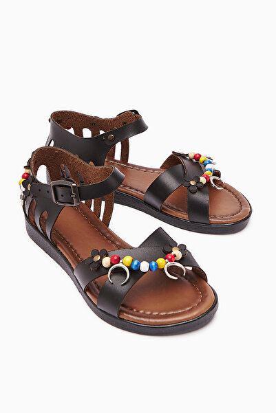 RoseVeno Women's Black Beaded Leather Powder Casual Sandals