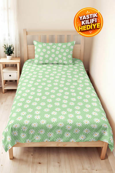Evimde Bambaşka Daisy Floral Green Young Room Single Pique Set - Pastel 160X2...