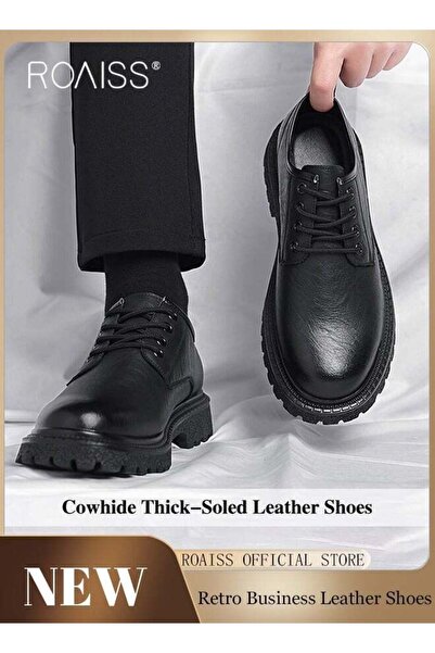 ROAISS Men Vintage Business Casual Leather Shoes Thick Soled Head Leather Sho...