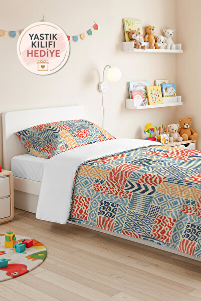 Evimde Bambaşka Blue Geometric Young Room Single Pique Set-Bohemian Tile Beig...