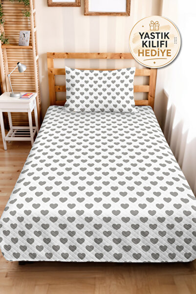 Evimde Bambaşka Gray Heart Modern Young Room Single Pique Set - White Minimal...