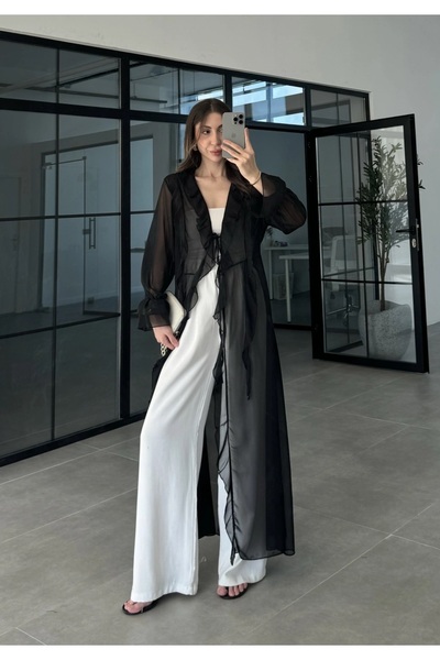 manana fashion Ruffled Beach Kimono Long Sleeve Tie-Up See-Through Beach Dress