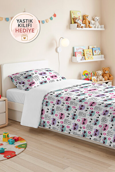 Evimde Bambaşka Pink Cool Cat Patterned Girls' Pique Set - Mint Baby Room Bed...
