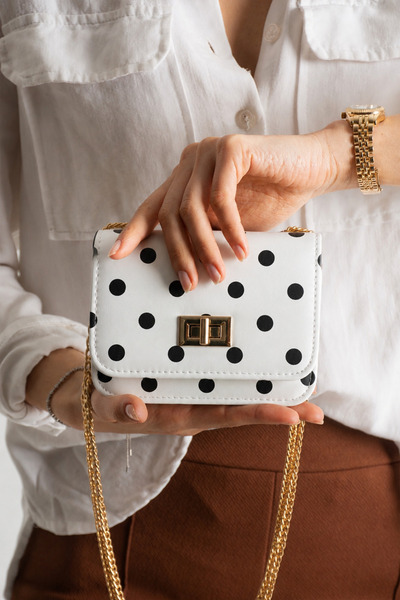 cocy-col Li̇nde Model Mini White Polka Dot Women's Hand and Shoulder Bag