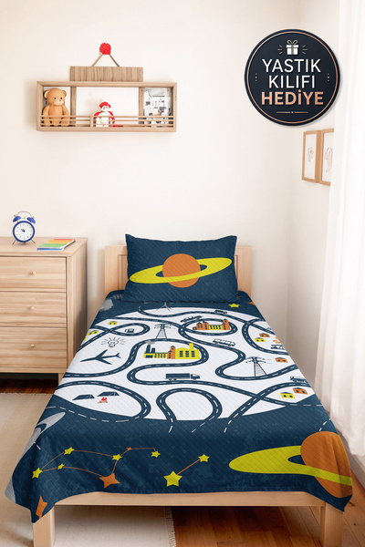 Evimde Bambaşka Space Road Patterned Navy Blue Boy's Pique Set - Geometric Ye...