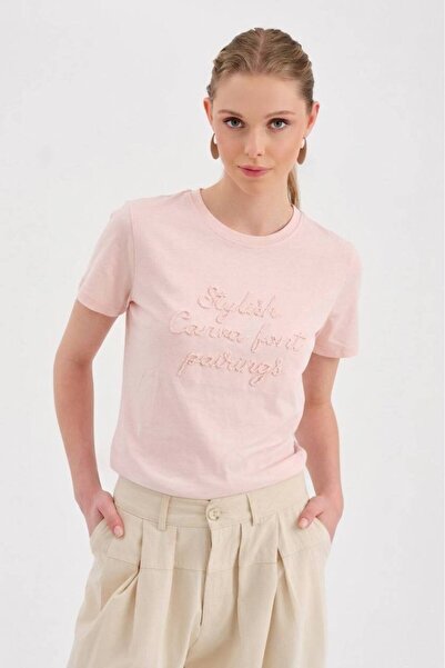 tw3 Women's 100% Cotton T-Shirt with Text Embroidery on the Front and Detaile...