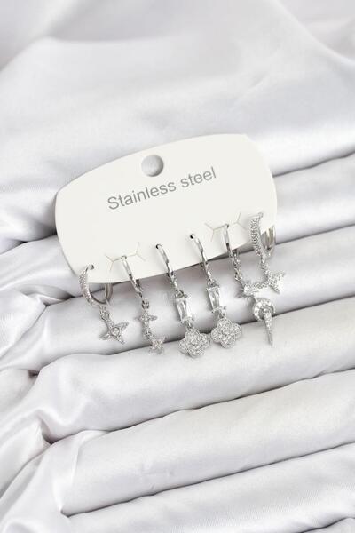 Clariss 316L Steel Silver Color Zircon Stone Clover Detailed Women's Earring Set