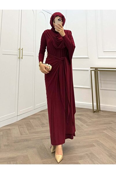 bezenstore BELDEN PARÇA DETAYLI SANDY BORDO ELBİSE