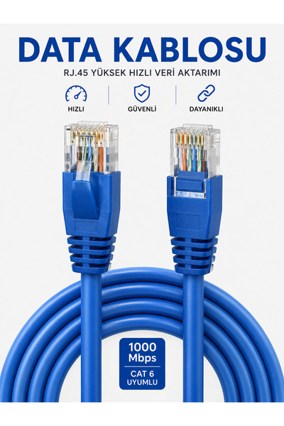 100 Metre RJ45 Ethernet Data Kablosu Cat6 LAN Ağ Kablosu Mavi 1000 Mbps