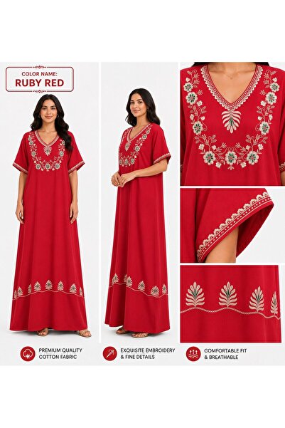 AYOUSH Women's Long Cotton Embroidered Gown - Short Sleeves - Comfortable Ori...