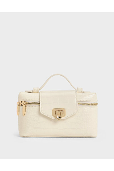 CHARLENT Charles & Keith Arwen Croc-Effect Top Handle Vanity Bag - Cream