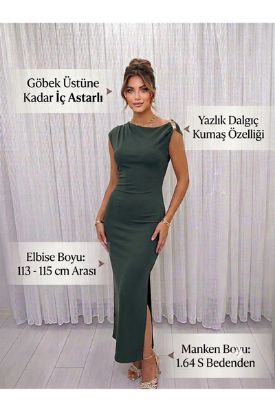 YABA Omuz Aksesuarlı Yan Yırtmaç Detaylı Midi Boy Şık Kadın Elbise
