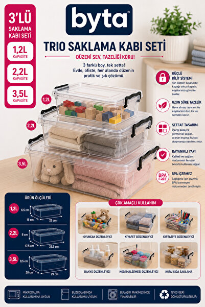 BYTA 3-Piece Set of Storage Containers with Locking Lids (1.2 L + 2.2 L + 3.5...