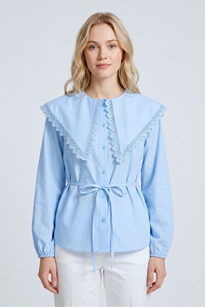Saade Blue Oversize Fit Lace Riviera Wide Collar Tie-Up Shirt