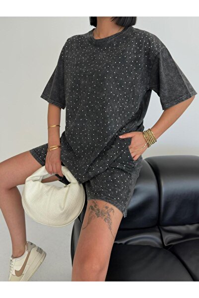 alenmoda Women's Washable Stone-Faced Shorts and T-Shirt Set
