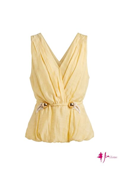JİN BUTİK Sarı Kruvaze Yaka Gold Tokalı Peplum Bluz